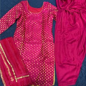 Hot Pink & Gold Brocade Kurta Set (3-Piece) | Festive / Wedding Outfit | XS–S